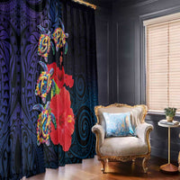 Pasifika Festival Window Curtain Plumeria Turtles with Hibiscus - Polynesian Art Tattoo Dark Navy Color LT03 - Polynesian Pride
