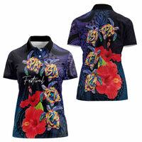 Pasifika Festival Women Polo Shirt Plumeria Turtles with Hibiscus - Polynesian Art Tattoo Dark Navy Color LT03 - Polynesian Pride