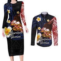 American Samoa Flag Day Couples Matching Long Sleeve Bodycon Dress and Long Sleeve Button Shirt Polynesian Tatau Art and Plumeria LT03 Black - Polynesian Pride