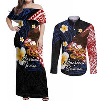 American Samoa Flag Day Couples Matching Off Shoulder Maxi Dress and Long Sleeve Button Shirt Polynesian Tatau Art and Plumeria LT03 Black - Polynesian Pride