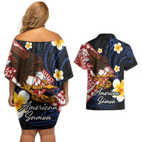 American Samoa Flag Day Couples Matching Off Shoulder Short Dress and Hawaiian Shirt Polynesian Tatau Art and Plumeria LT03 - Polynesian Pride
