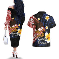 American Samoa Flag Day Couples Matching Off The Shoulder Long Sleeve Dress and Hawaiian Shirt Polynesian Tatau Art and Plumeria LT03 - Polynesian Pride