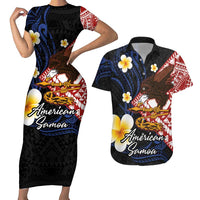 American Samoa Flag Day Couples Matching Short Sleeve Bodycon Dress and Hawaiian Shirt Polynesian Tatau Art and Plumeria LT03 Black - Polynesian Pride