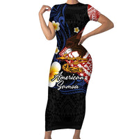 American Samoa Flag Day Short Sleeve Bodycon Dress Polynesian Tatau Art and Plumeria LT03 Long Dress Black - Polynesian Pride