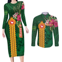 Personalised Manuʻa Islands Couples Matching Long Sleeve Bodycon Dress and Long Sleeve Button Shirt Polynesian Style with Rooster Tattoo and Tropical Plants LT03 Green - Polynesian Pride
