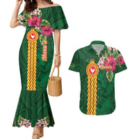 Personalised Manuʻa Islands Couples Matching Mermaid Dress and Hawaiian Shirt Polynesian Style with Rooster Tattoo and Tropical Plants LT03 Green - Polynesian Pride