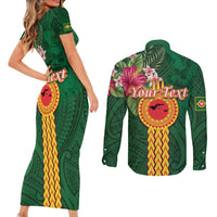 Personalised Manuʻa Islands Couples Matching Short Sleeve Bodycon Dress and Long Sleeve Button Shirt Polynesian Style with Rooster Tattoo and Tropical Plants LT03 - Polynesian Pride