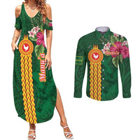 Personalised Manuʻa Islands Couples Matching Summer Maxi Dress and Long Sleeve Button Shirt Polynesian Style with Rooster Tattoo and Tropical Plants LT03 Green - Polynesian Pride