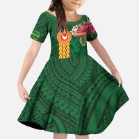 Personalised Manuʻa Islands Family Matching Off The Shoulder Long Sleeve Dress and Hawaiian Shirt Polynesian Style with Rooster Tattoo and Tropical Plants LT03 Daughter's Dress Green - Polynesian Pride