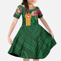 Personalised Manuʻa Islands Family Matching Off Shoulder Maxi Dress and Hawaiian Shirt Polynesian Style with Rooster Tattoo and Tropical Plants LT03 Daughter's Dress Green - Polynesian Pride