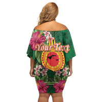 Personalised Manuʻa Islands Family Matching Off Shoulder Short Dress and Hawaiian Shirt Polynesian Style with Rooster Tattoo and Tropical Plants LT03 - Polynesian Pride