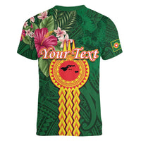 Personalised Manuʻa Islands Women V-Neck T-Shirt Polynesian Style with Rooster Tattoo and Tropical Plants LT03 - Polynesian Pride