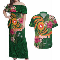 Personalised Manuʻa Islands Couples Matching Off Shoulder Maxi Dress and Hawaiian Shirt Polynesian Art Tattoo Style and Tropical Plants LT03 Green - Polynesian Pride