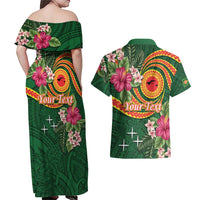 Personalised Manuʻa Islands Couples Matching Off Shoulder Maxi Dress and Hawaiian Shirt Polynesian Art Tattoo Style and Tropical Plants LT03 - Polynesian Pride