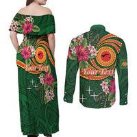 Personalised Manuʻa Islands Couples Matching Off Shoulder Maxi Dress and Long Sleeve Button Shirt Polynesian Art Tattoo Style and Tropical Plants LT03 - Polynesian Pride