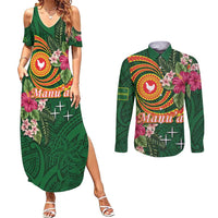 Personalised Manuʻa Islands Couples Matching Summer Maxi Dress and Long Sleeve Button Shirt Polynesian Art Tattoo Style and Tropical Plants LT03 Green - Polynesian Pride