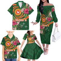Personalised Manuʻa Islands Family Matching Off The Shoulder Long Sleeve Dress and Hawaiian Shirt Polynesian Art Tattoo Style and Tropical Plants LT03 - Polynesian Pride