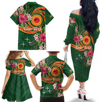 Personalised Manuʻa Islands Family Matching Off The Shoulder Long Sleeve Dress and Hawaiian Shirt Polynesian Art Tattoo Style and Tropical Plants LT03 - Polynesian Pride