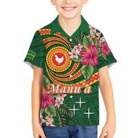 Personalised Manuʻa Islands Family Matching Off The Shoulder Long Sleeve Dress and Hawaiian Shirt Polynesian Art Tattoo Style and Tropical Plants LT03 Son's Shirt Green - Polynesian Pride