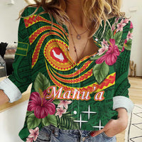 Personalised Manuʻa Islands Women Casual Shirt Polynesian Art Tattoo Style and Tropical Plants LT03 Female Green - Polynesian Pride