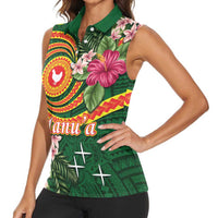 Personalised Manuʻa Islands Women Sleeveless Polo Shirt Polynesian Art Tattoo Style and Tropical Plants LT03 - Polynesian Pride