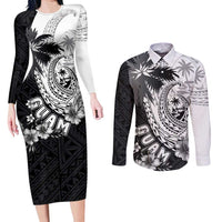 Hafa Adai Guam Couples Matching Long Sleeve Bodycon Dress and Long Sleeve Button Shirt Polynesian Palm Tree Tattoo Hibiscus and Plumeria Art LT03 Black - Polynesian Pride