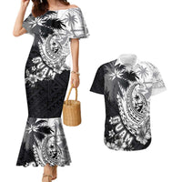 Hafa Adai Guam Couples Matching Mermaid Dress and Hawaiian Shirt Polynesian Palm Tree Tattoo Hibiscus and Plumeria Art LT03 Black - Polynesian Pride