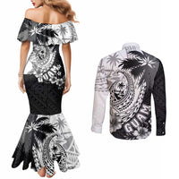 Hafa Adai Guam Couples Matching Mermaid Dress and Long Sleeve Button Shirt Polynesian Palm Tree Tattoo Hibiscus and Plumeria Art LT03 - Polynesian Pride