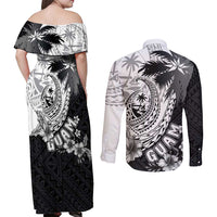 Hafa Adai Guam Couples Matching Off Shoulder Maxi Dress and Long Sleeve Button Shirt Polynesian Palm Tree Tattoo Hibiscus and Plumeria Art LT03 - Polynesian Pride