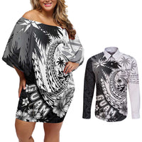 Hafa Adai Guam Couples Matching Off Shoulder Short Dress and Long Sleeve Button Shirt Polynesian Palm Tree Tattoo Hibiscus and Plumeria Art LT03 Black - Polynesian Pride