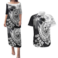 Hafa Adai Guam Couples Matching Puletasi and Hawaiian Shirt Polynesian Palm Tree Tattoo Hibiscus and Plumeria Art LT03 Black - Polynesian Pride