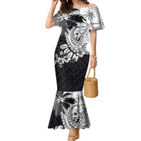 Hafa Adai Guam Family Matching Mermaid Dress and Hawaiian Shirt Polynesian Palm Tree Tattoo Hibiscus and Plumeria Art LT03 Mom's Dress Black - Polynesian Pride