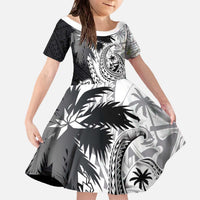 Hafa Adai Guam Family Matching Off The Shoulder Long Sleeve Dress and Hawaiian Shirt Polynesian Palm Tree Tattoo Hibiscus and Plumeria Art LT03 Daughter's Dress Black - Polynesian Pride