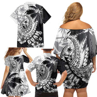 Hafa Adai Guam Family Matching Off Shoulder Short Dress and Hawaiian Shirt Polynesian Palm Tree Tattoo Hibiscus and Plumeria Art LT03 - Polynesian Pride