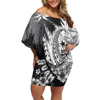 Hafa Adai Guam Family Matching Off Shoulder Short Dress and Hawaiian Shirt Polynesian Palm Tree Tattoo Hibiscus and Plumeria Art LT03 Mom's Dress Black - Polynesian Pride