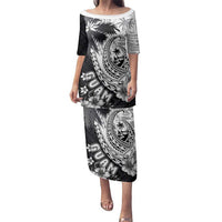 Hafa Adai Guam Family Matching Puletasi and Hawaiian Shirt Polynesian Palm Tree Tattoo Hibiscus and Plumeria Art LT03 Mom's Dress Black - Polynesian Pride