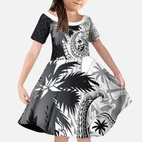 Hafa Adai Guam Kid Short Sleeve Dress Polynesian Palm Tree Tattoo Hibiscus and Plumeria Art LT03 KID Black - Polynesian Pride