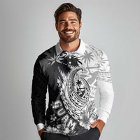 Hafa Adai Guam Long Sleeve Polo Shirt Polynesian Palm Tree Tattoo Hibiscus and Plumeria Art LT03 - Polynesian Pride