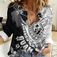 Hafa Adai Guam Women Casual Shirt Polynesian Palm Tree Tattoo Hibiscus and Plumeria Art LT03 Female Black - Polynesian Pride