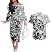 Guam-Land of the Chamorro Couples Matching Off The Shoulder Long Sleeve Dress and Hawaiian Shirt Polynesian Tattoo Style Hibiscus and Plumeria Art LT03 Black - Polynesian Pride