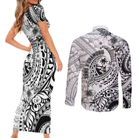 Guam-Land of the Chamorro Couples Matching Short Sleeve Bodycon Dress and Long Sleeve Button Shirt Polynesian Tattoo Style Hibiscus and Plumeria Art LT03 - Polynesian Pride