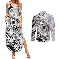 Guam-Land of the Chamorro Couples Matching Summer Maxi Dress and Long Sleeve Button Shirt Polynesian Tattoo Style Hibiscus and Plumeria Art LT03 Black - Polynesian Pride