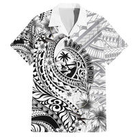 Guam-Land of the Chamorro Family Matching Off The Shoulder Long Sleeve Dress and Hawaiian Shirt Polynesian Tattoo Style Hibiscus and Plumeria Art LT03 Dad's Shirt - Short Sleeve Black - Polynesian Pride