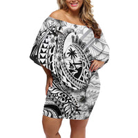 Guam-Land of the Chamorro Family Matching Off Shoulder Short Dress and Hawaiian Shirt Polynesian Tattoo Style Hibiscus and Plumeria Art LT03 Mom's Dress Black - Polynesian Pride
