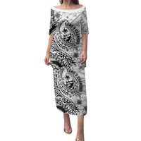 Guam-Land of the Chamorro Family Matching Puletasi and Hawaiian Shirt Polynesian Tattoo Style Hibiscus and Plumeria Art LT03 Mom's Dress Black - Polynesian Pride