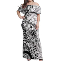 Guam-Land of the Chamorro Off Shoulder Maxi Dress Polynesian Tattoo Style Hibiscus and Plumeria Art LT03 Women Black - Polynesian Pride