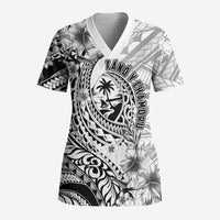 Guam-Land of the Chamorro Scrub Top Polynesian Tattoo Style Hibiscus and Plumeria Art LT03 Adult Black - Polynesian Pride