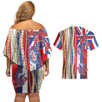 Hawaiian Sea Animals Couples Matching Off Shoulder Short Dress and Hawaiian Shirt with Lei and Flag Style LT03 - Polynesian Pride