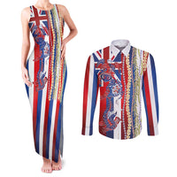 Hawaiian Sea Animals Couples Matching Tank Maxi Dress and Long Sleeve Button Shirt with Lei and Flag Style LT03 Multicolor - Polynesian Pride