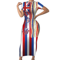 Hawaiian Sea Animals Family Matching Short Sleeve Bodycon Dress and Hawaiian Shirt with Lei and Flag Style LT03 Mom's Dress Multicolor - Polynesian Pride